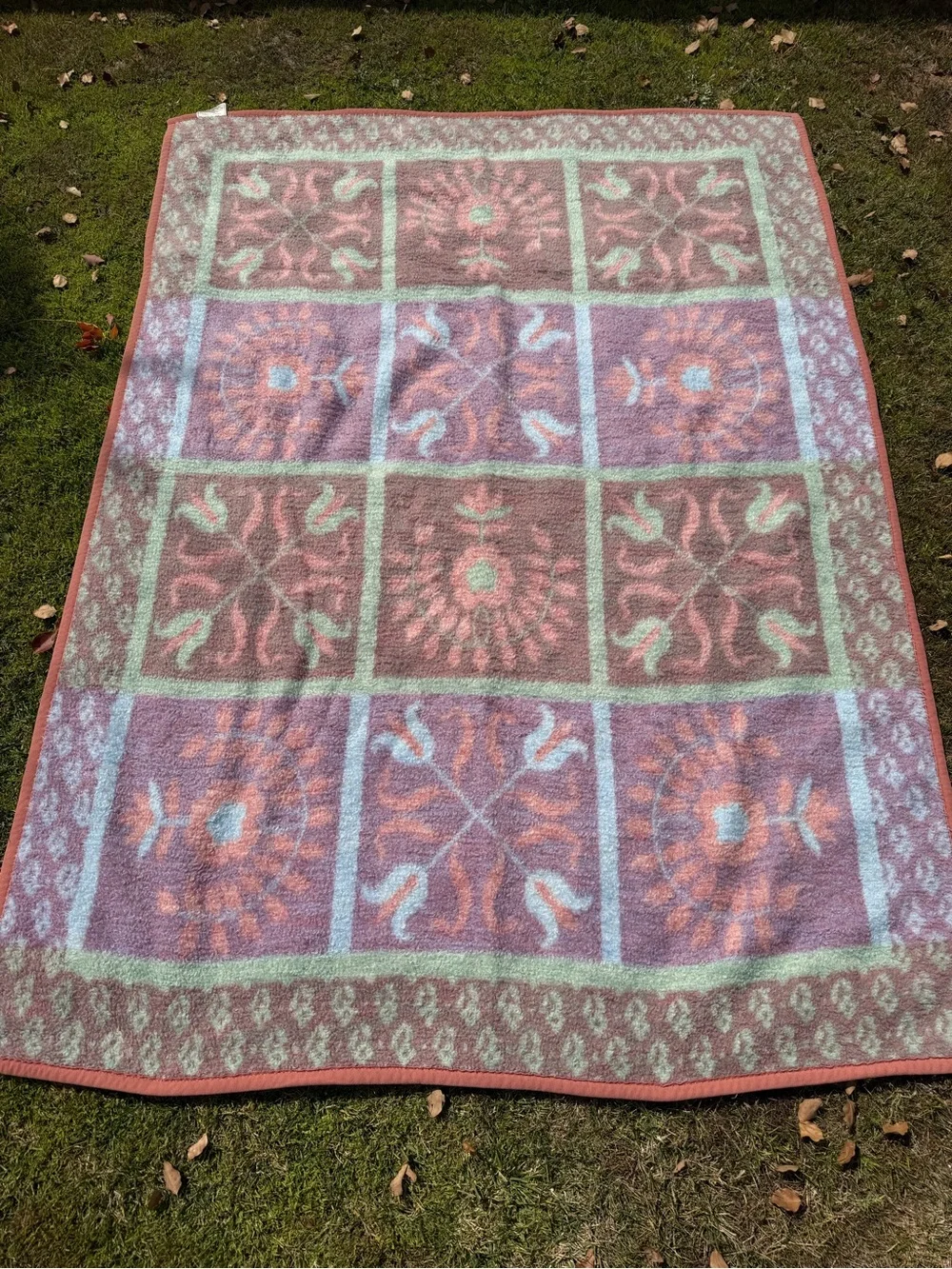 VTG Biederlack Floral Block Cottagecore Throw Blanket Pink Pastels 56x76 Soft